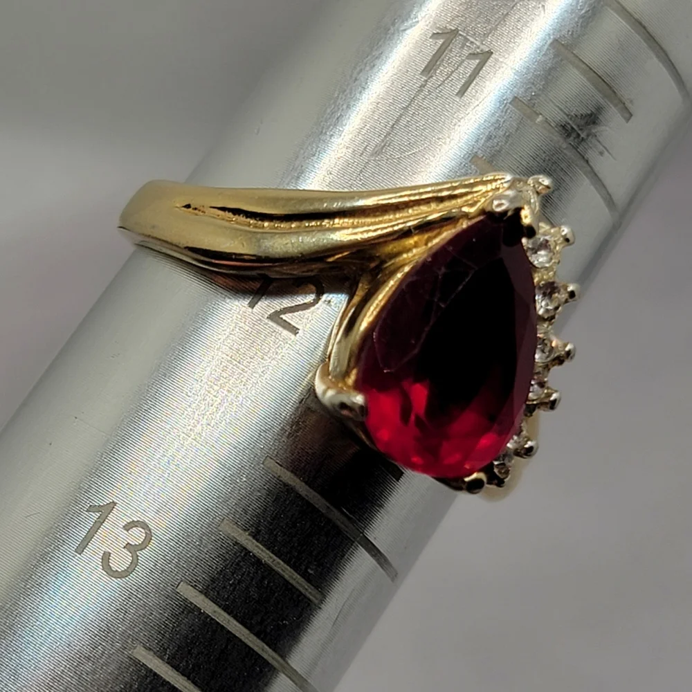 Vintage Cocktail Ring Gold Tone Simulated Ruby and Diamond